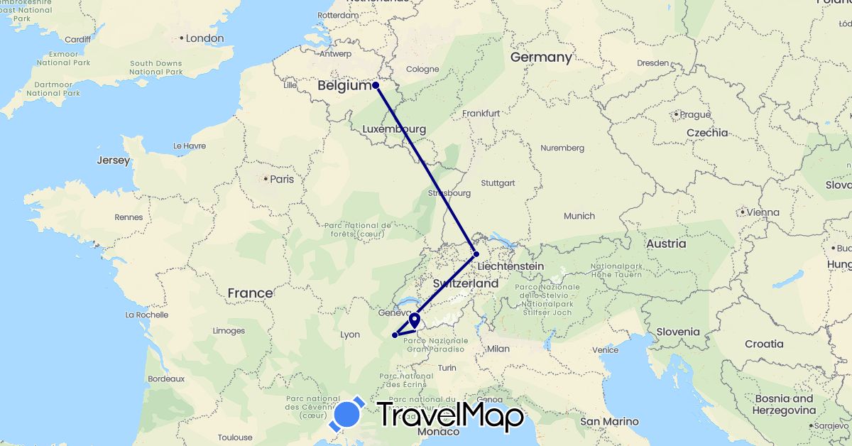 TravelMap itinerary: driving in Belgium, Switzerland, France (Europe)